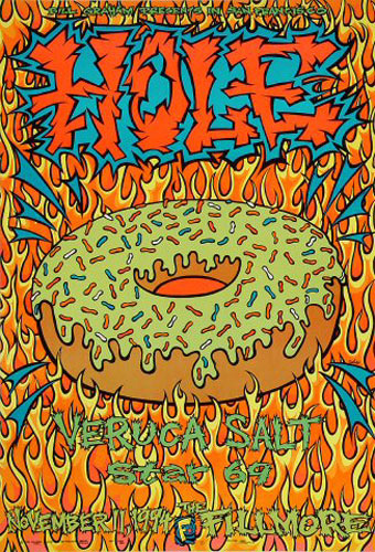 Hole concert poster for Fillmore S.F. featuring image of doughnut in flames