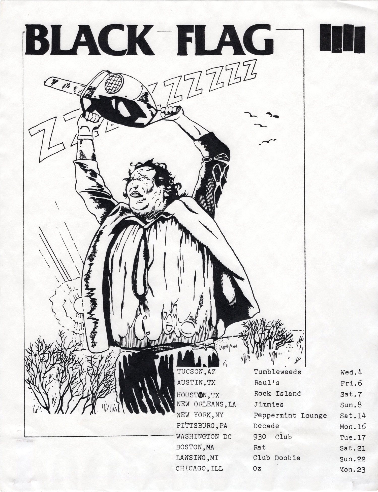 1981 Black Flag tour poster showing figure holding chainsaw aloft like murder weapon