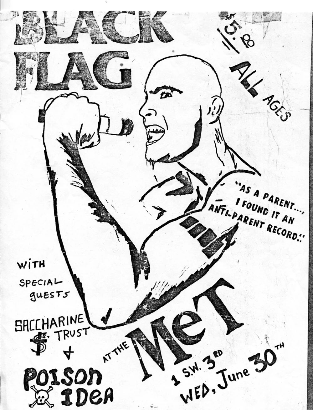 Alternative poster for June 30 1982 Met show with sketch of Henry Rollins does not include Napalm Beach 