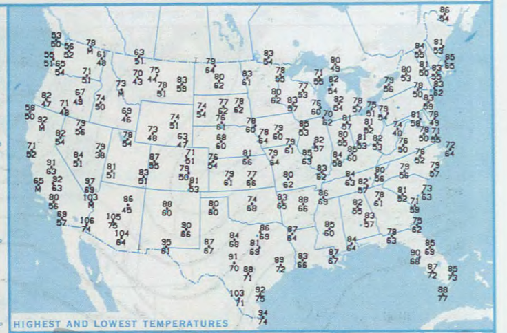 June 8, 1991 weather map - temps