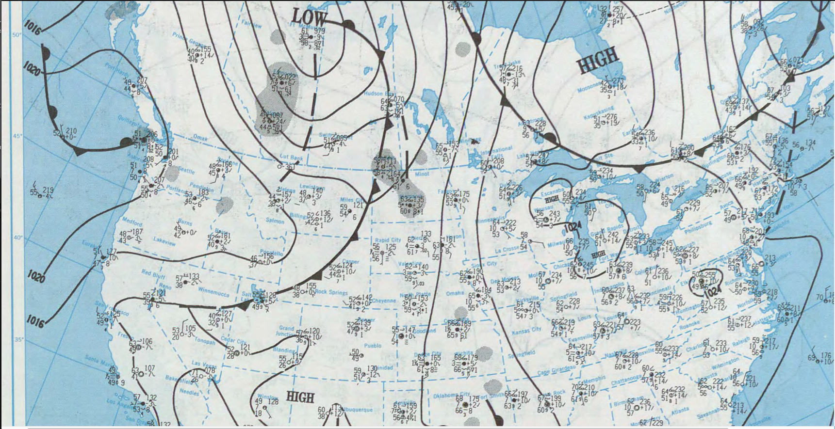 June 8, 1991 weather map - pressure systems