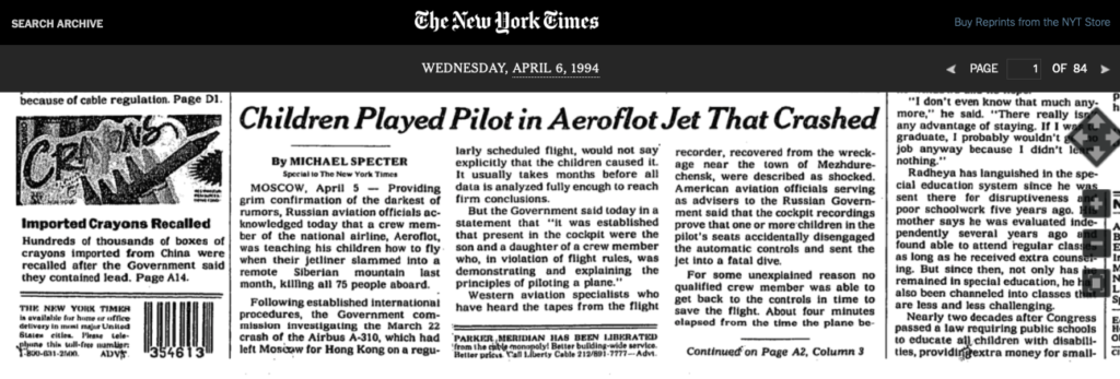 April 6, 1994 NYT front page - children played pilot in Aeroflot jet that crashed
