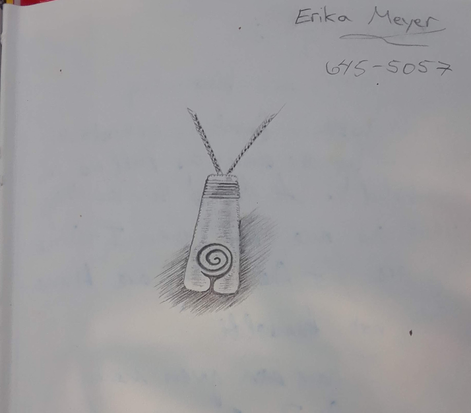 sketch of a pendant design looks like armless female torso with spiral on belly