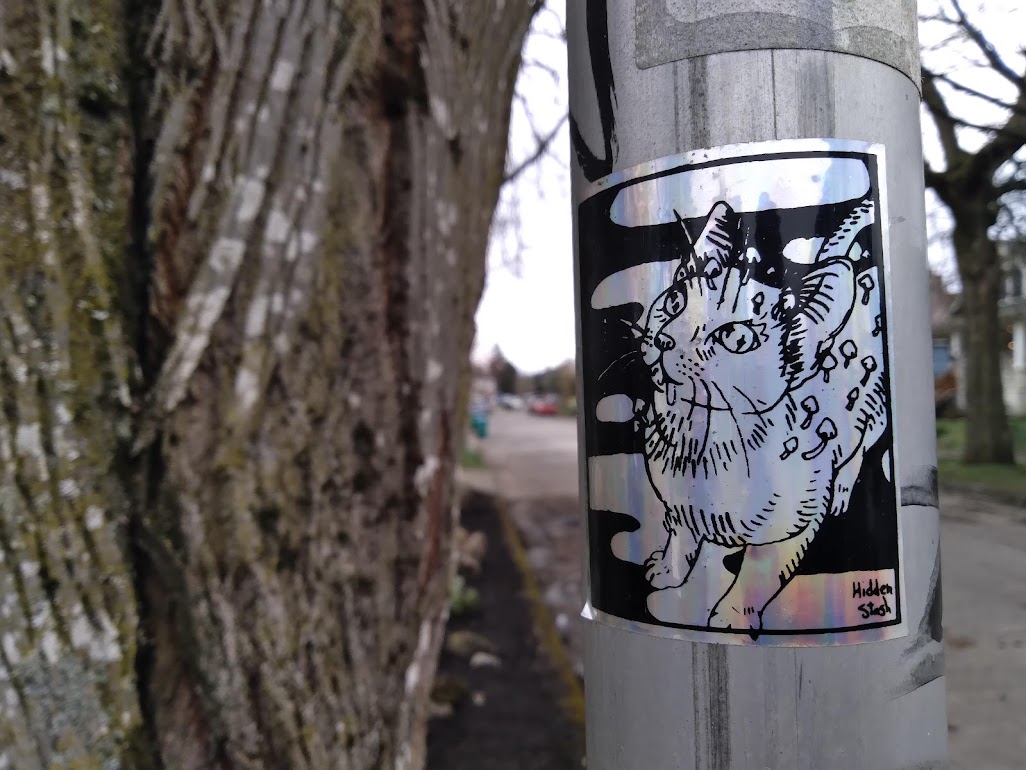 silver and black sticker on pole showing cat with mushrooms growing off its back and the words "secret stash"