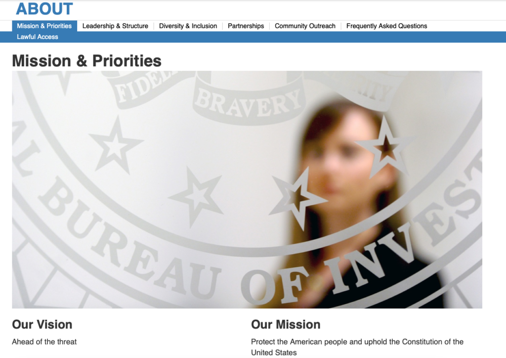 FBI mission and priorities page showing woman's figure behind frosted glass