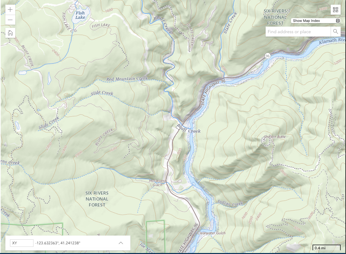 too map showing Aikens Creek, Bluff Creek, Fish Lake, Sheton Butte - Klamath River watershed