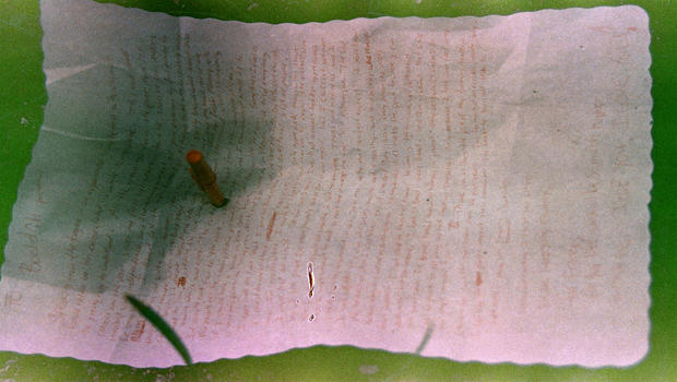 suicide note written in red pen on white scalloped paper restaurant placemat, pen stabbed through hole and affixed into a planter