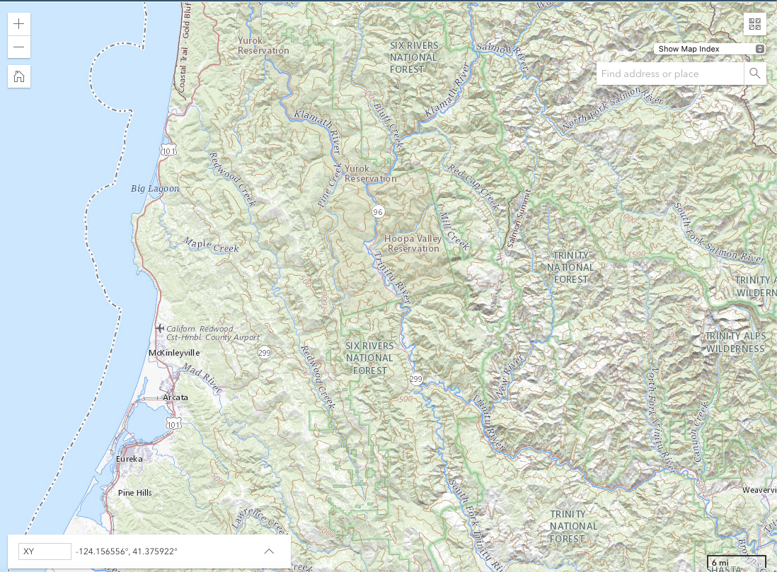 top map showing Humboldt Bay, Big Lagoon, and Klamath, Trinity, Salmon River watersheds
