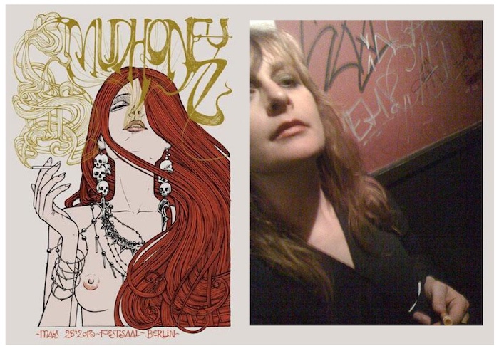 Two similar images shown side by side, one showing a 2011 mirror selfie from my personal collection, the other a Mudhoney poster from 2013 that appears to have been inspired by my photo
