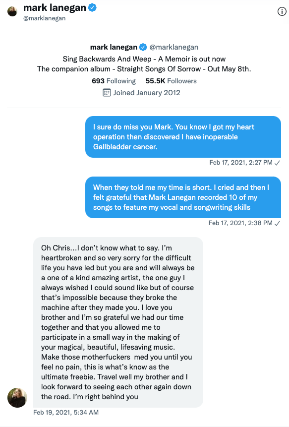 Twitter message from Chris Newman to Mark Lanegan