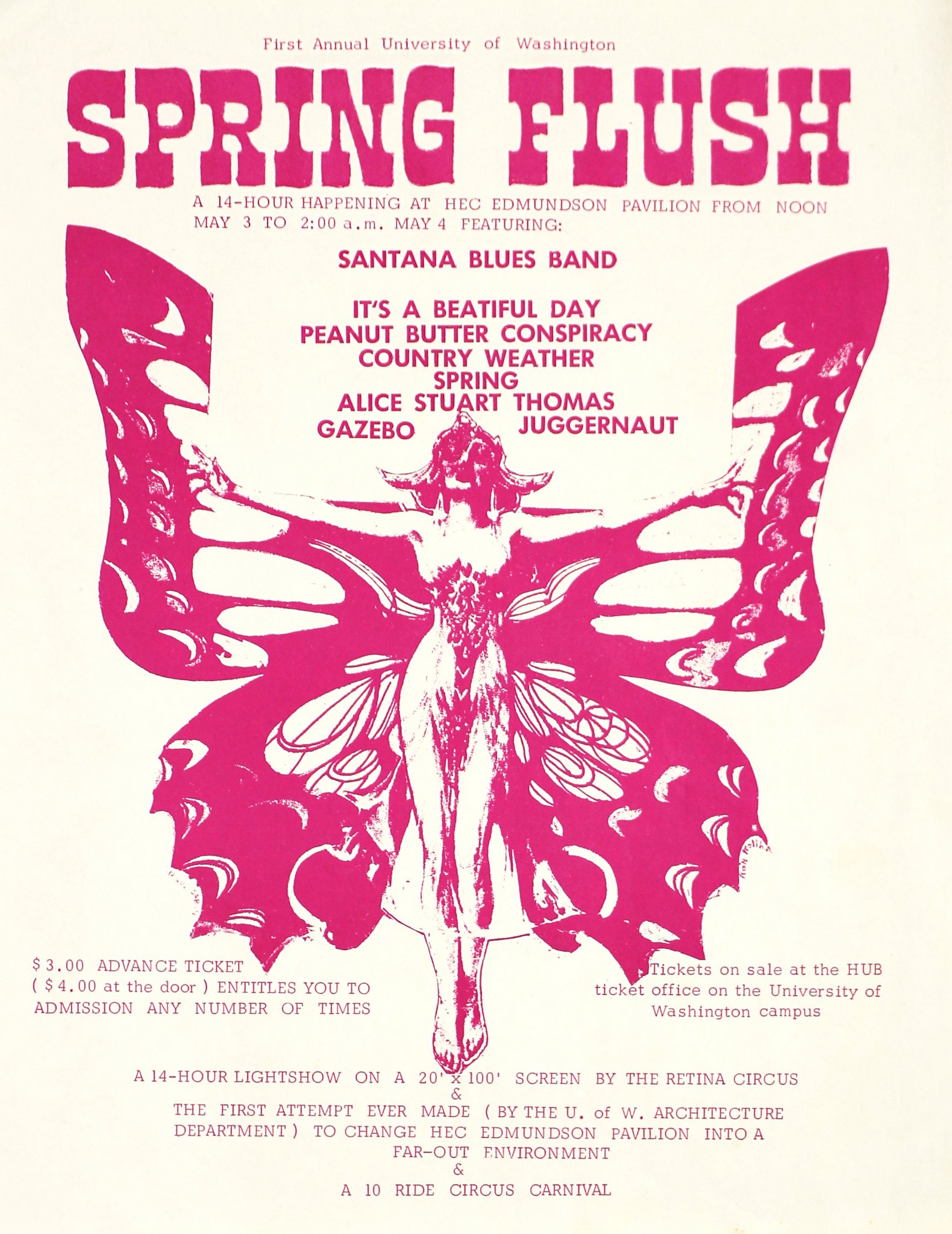 Poster for UW First Annual Spring Flush 1969 featuring a pink butterfly