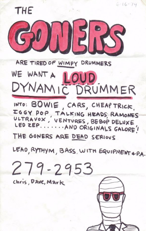 Poster made by Chris advertising for LOUD drummer, featuring illustration of the invisible man