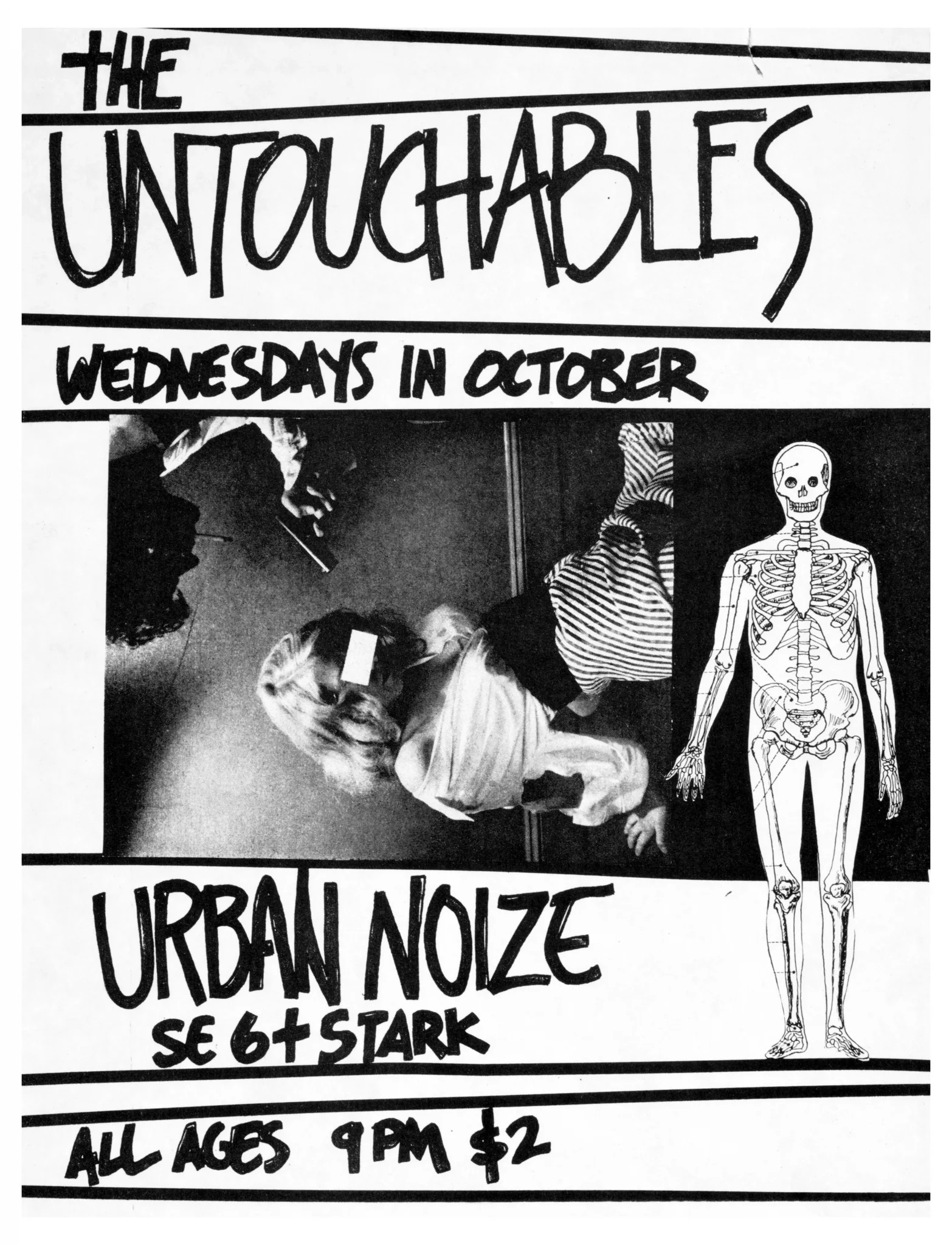 Poster for Untouchables at Urban Noise showing bound and blindfolded woman and diagram of figure showing internal organs