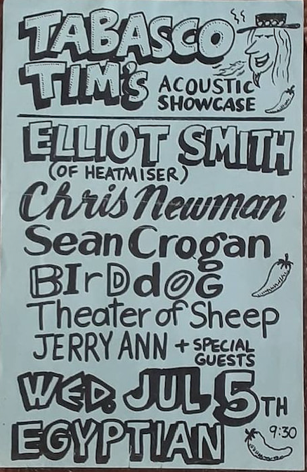 poster for Tabasco Tim's acoustic showcase with Elliott Smith, Chris Newman, Sean Crogan, Birddog, Jerry Ann + special guests