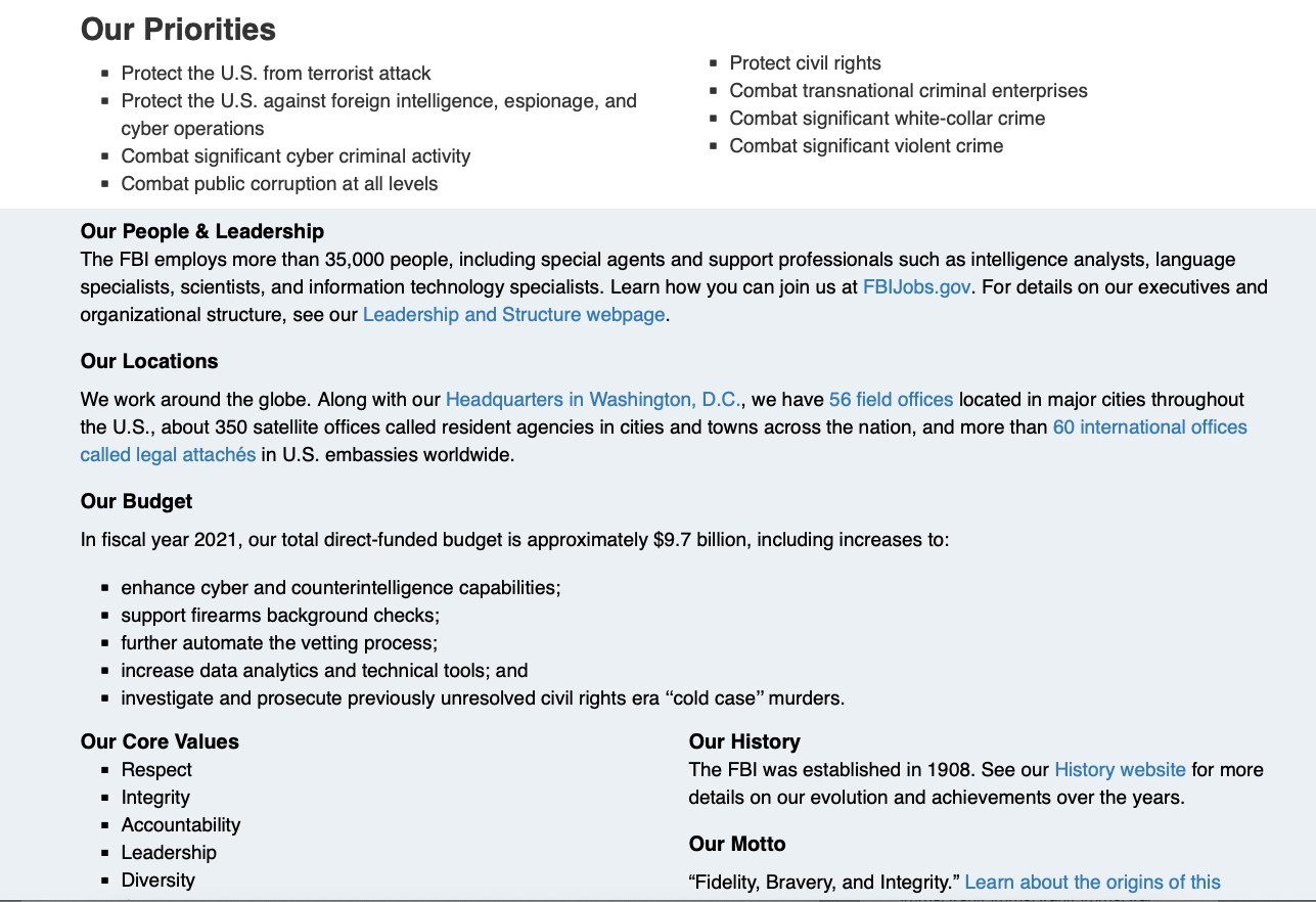FBI about page details - priorities and values