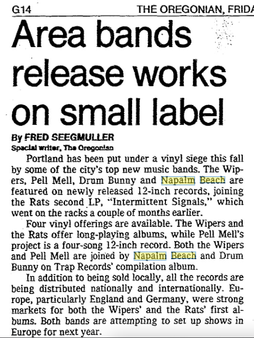 Oregonian article by Fred Seegmuller - "Area bands release works on small label" part 1