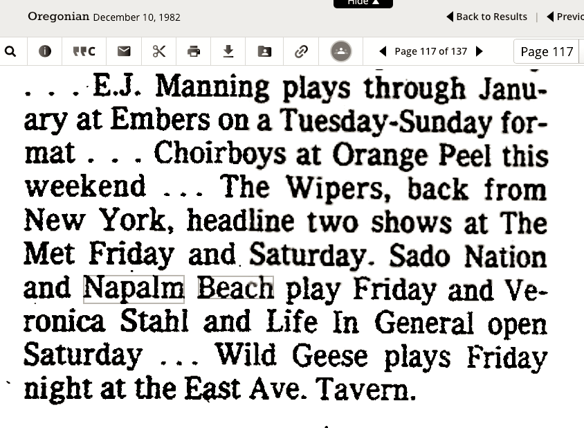 The Oregonian - December 10, 1982 article about Wipers returning from New York and playing that night with Napalm Beach